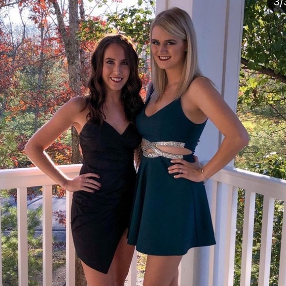 Forest Green Formal Cocktail Mini Dress with Beading and Side Cutouts - Picture 2 of 8